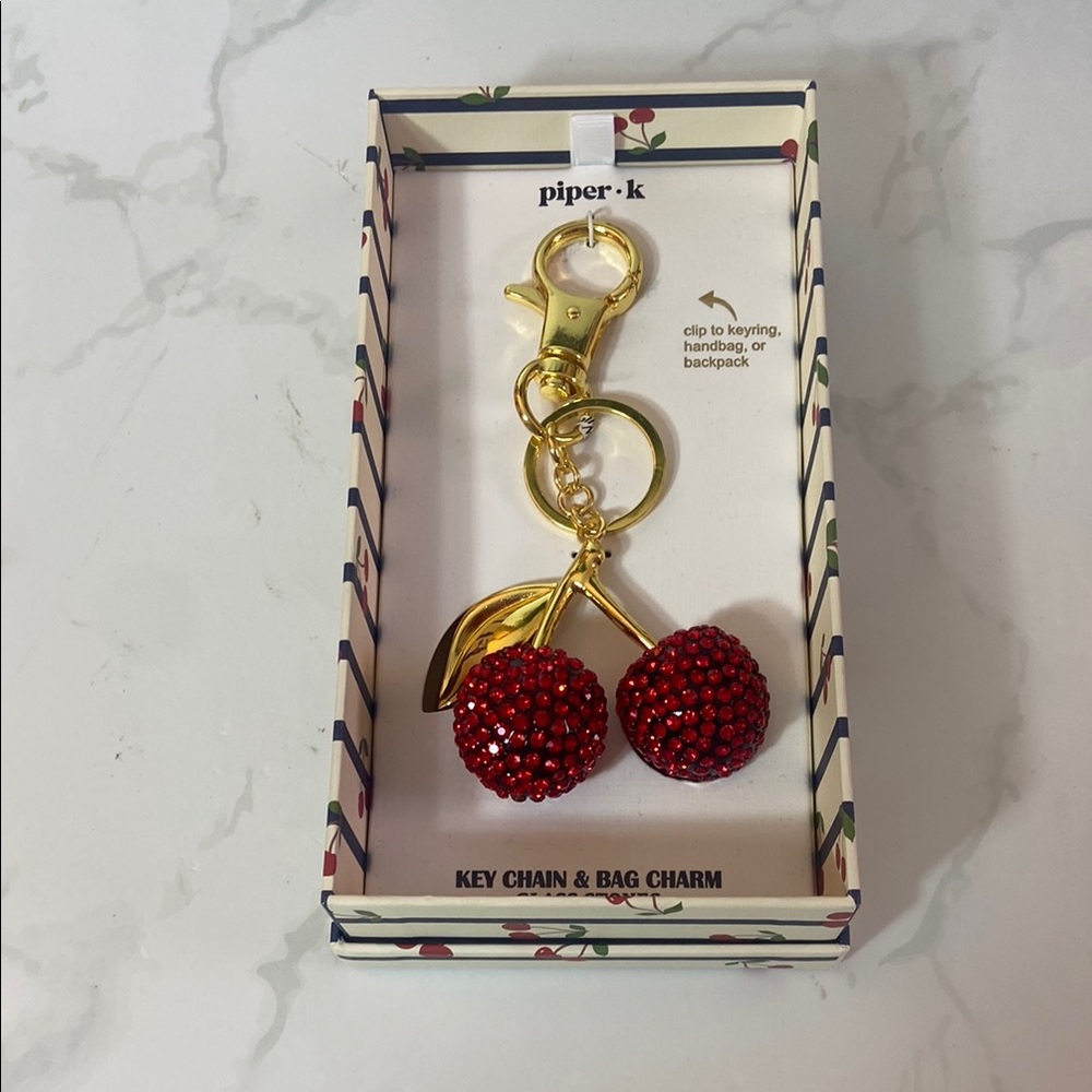 New Hard to Find Large Piper K Rhinestone Cherry Keychain Purse Charm Gold Red